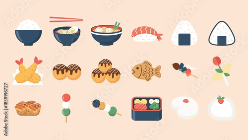 日本の様々な食べ物や料理のイラスト集、食文化を表現.