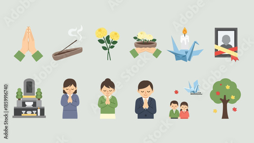 お悔やみとお供え物のイラスト素材集。仏壇、線香、花、折り鶴、遺影など。.