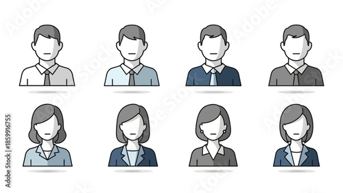ビジネスシーンで利用できる男女のアイコンセット、シンプルなアバターイラスト.