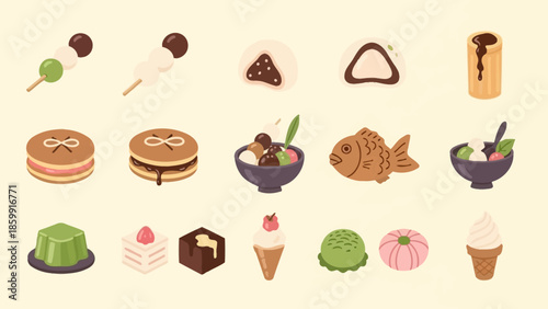 日本の伝統的な和菓子とデザートのイラスト集、様々な種類のお菓子が並んでいます.