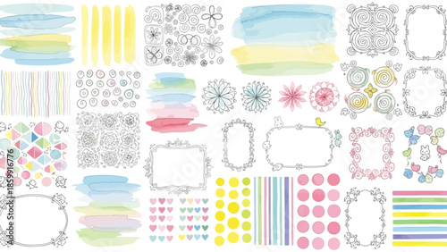 水彩風の背景素材と装飾的なフレーム、イラストのセット.
