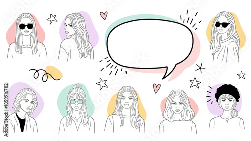 様々なスタイルの女性たちのイラストと吹き出し、カラフルな背景.