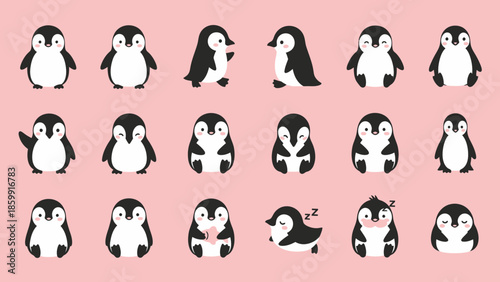 かわいいペンギンのイラスト集、様々なポーズや表情で描かれた愛らしいキャラクターたち.