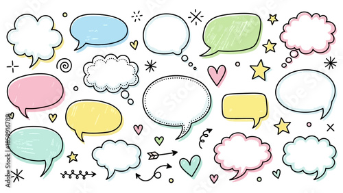 手描き風のカラフルな吹き出しと落書きの装飾が散りばめられた背景イラスト.