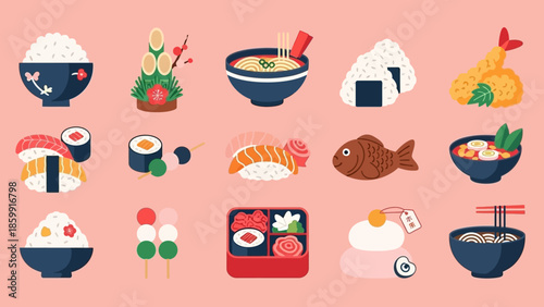 日本の伝統的な食べ物と文化のイラスト集。お寿司、おにぎり、ラーメン、天ぷら、お餅など、様々な日本の食文化を表現しています。.