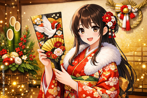 正月飾りの和室で羽子板を持つアニメ美少女　華やかな着物の和風イラスト