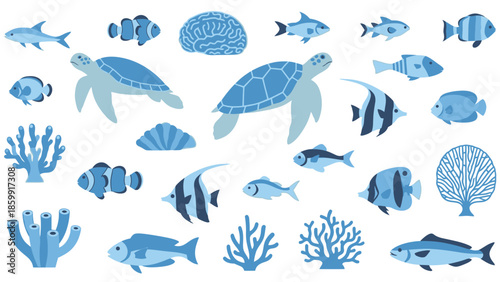 Collection of Blue Marine Life and Coral Reef Elements.