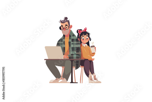 Pai e filha trabalhando juntos em laptop, ilustração vetorial com fundo transparente, momento familiar moderno.