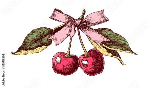 Ilustração vintage de duas cerejas vermelhas com laço rosa e folhas verdes sobre fundo transparente.
