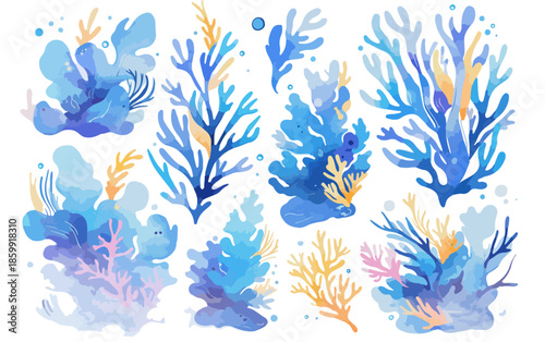 Conjunto de ilustrações de corais marinhos em aquarela, tons de azul e amarelo, com fundo transparente.