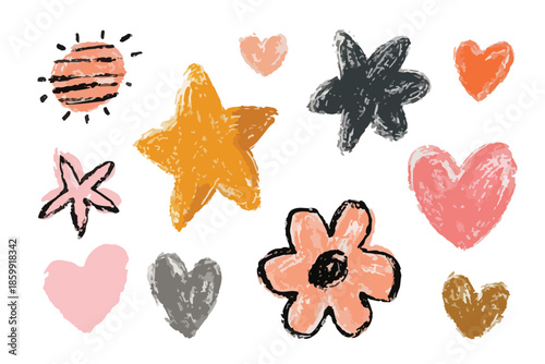 Coleção de formas abstratas e corações desenhados à mão com textura de giz, ideais para fundo transparente.