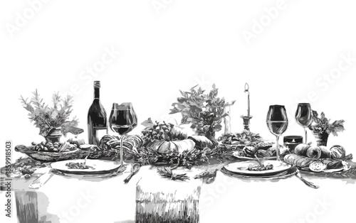 Mesa de jantar elegante com taças de vinho, garrafa e decoração festiva em ilustração vetorial preto e branco.