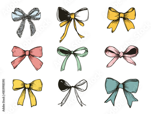 Coleção de nove ilustrações desenhadas à mão de laços de presente coloridos com fundo transparente.