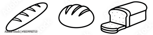 Line art bread set featuring a baguette, a round loaf, and a sliced loaf for bakery and food concepts