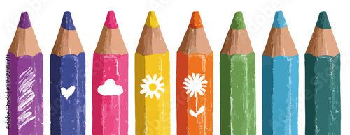 Lápis de cor vibrantes com ícones temáticos em fundo branco, prontos para desenho e arte.