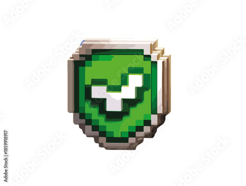 Ícone de escudo verde pixelado com marca de verificação, símbolo de segurança e verificação digital isolado.