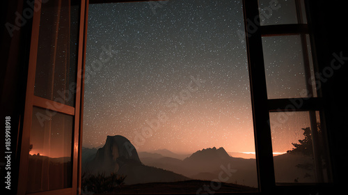 Stunning view of mountains under a starry night sky from an open window, showcasing nature's beauty.