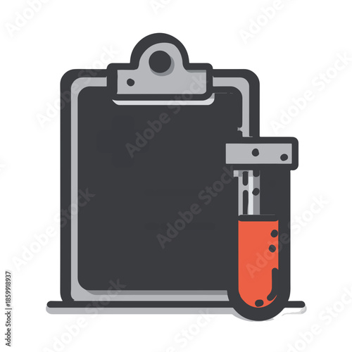 Prancheta escura com clipe e tubo de ensaio contendo líquido vermelho sobre fundo transparente.