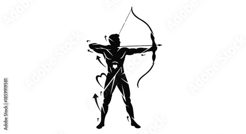 Silhouette of an archer drawing a bow, aiming with focused intensity.