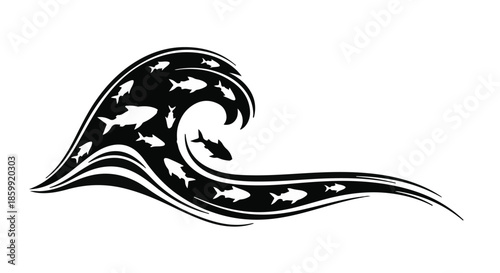 Stylized wave illustration with many fish swimming within its curl and trailing.