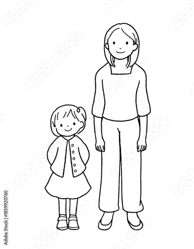 母と娘の可愛らしいイラスト。線画
