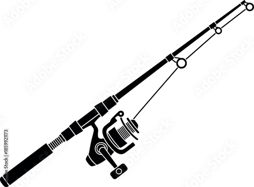 Fishing rod and reel silhouette illustration showing sport angling equipment hobby outdoor recreation black white vector design collection
