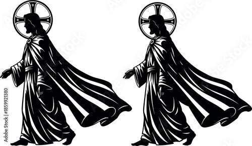 Holy robed figure with halo, religious saint silhouette, spiritual art, divine walk illustration - flavector