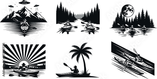 Kayaking adventure silhouette icon set showing canoe paddling nature river lake mountains outdoor travel black white vector illustration