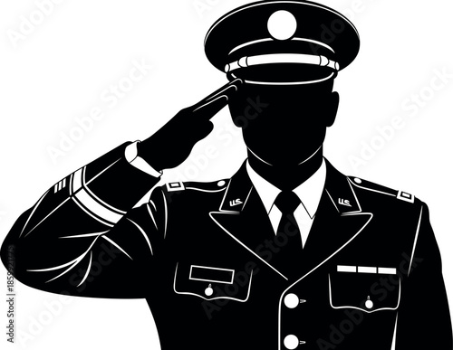 Military salute silhouette with formal uniform, peaked cap, insignia and patriotic gesture of respect - flavector