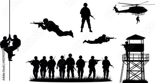 Military soldier silhouette collection featuring army combat operations patrol helicopter assault defense security warfare illustration set