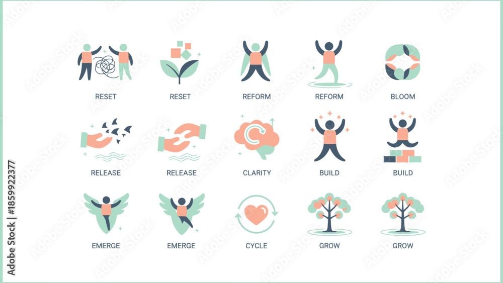 Fototapeta premium Collection of diverse icons representing human emotions and well-being.