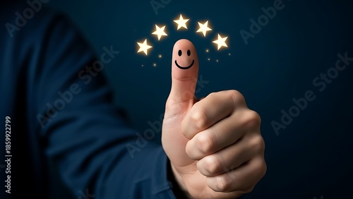A persons thumb with a smiley face and stars on a dark background