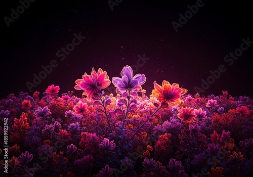 Hypnotic field of vivid abstract flora, bursting with swirling fluorescent color and surreal organic texture, hypnotic, contemporary, generative