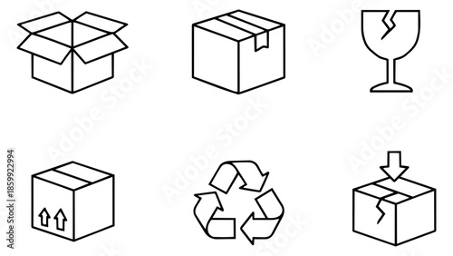 Line art packaging and shipping icon set featuring cardboard boxes, fragile, and recycling symbols for logistics and e-commerce