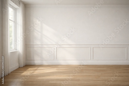 Empty White Paneled Room with Soft Window Light and Wooden Floor