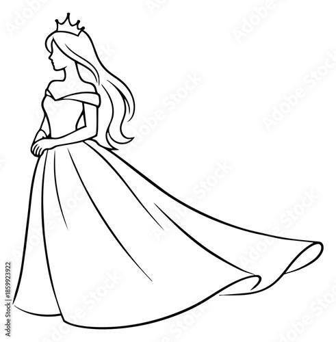 Line art illustration of a princess depicting an elegant woman in a long gown and crown for fairy tales
