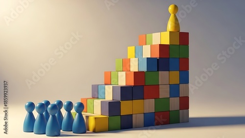 A group of blue pawns looking up at a large stack of colorful blocks with one yellow pawn on top standing out from the crowd in a creative concept