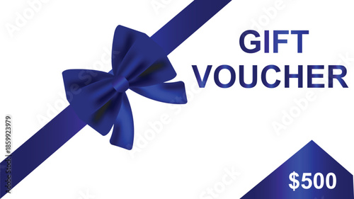 A blue ribbon bow on a white background with "GIFT VOUCHER" text and "$500" denomination, symbolizing a present or discount.