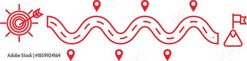 Red outline illustration of a winding path with location markers leading from a target to a mountain with a flag, symbolizing a journey or goal achievement.
