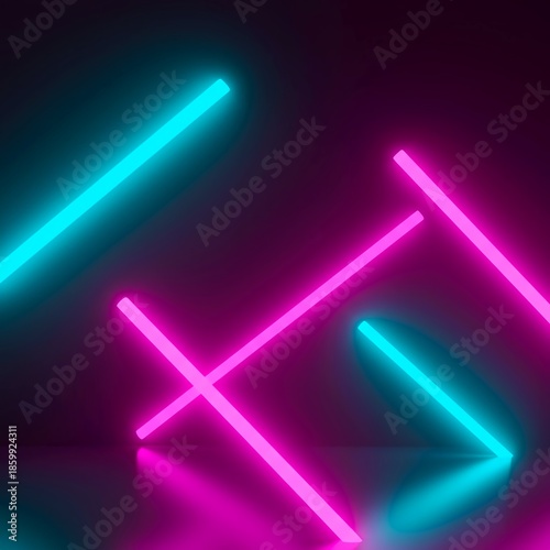 A vibrant abstract background featuring glowing neon tubes forming dynamic geometric shapes in electric magenta and bright cyan colors, vibrant, geometric, structure