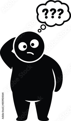 Vector illustration of a confused black silhouette character scratching its head with a thought bubble containing question marks.
