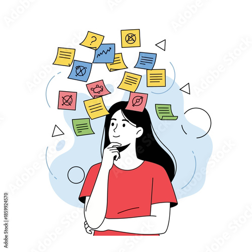 Hand drawn vector illustration of thoughtful young woman looking up at floating sticky notes with doodles for brainstorming or multitasking concept