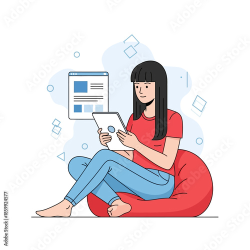 Hand drawn vector illustration of young woman sitting on red beanbag chair using tablet for remote work or study concept