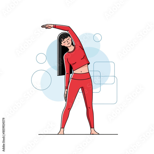 Hand drawn vector illustration of young woman in red sportswear doing standing side stretch exercise for fitness and wellness concept
