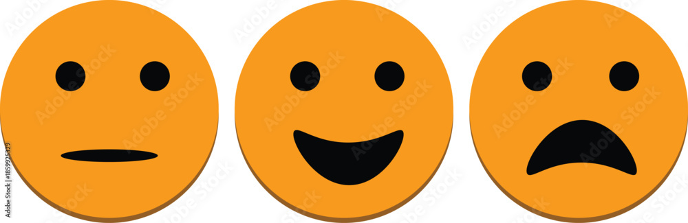 Fototapeta premium Three orange emoji faces depicting neutral, happy, and sad emotions, illustrating a range of human feelings and expressions.
