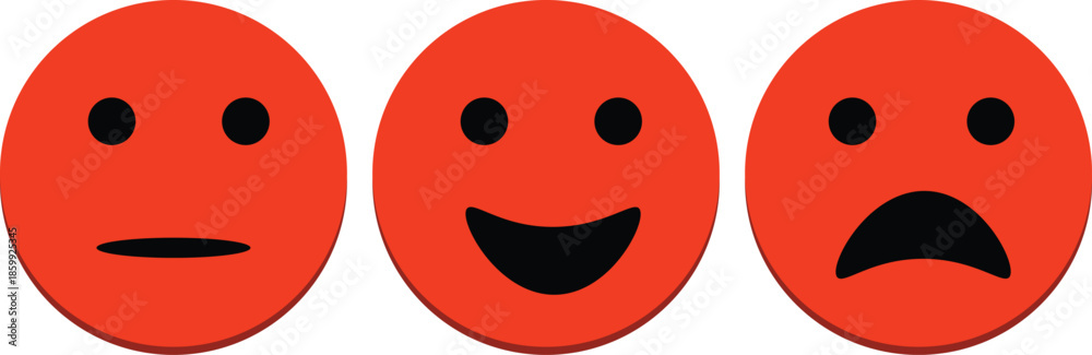 Fototapeta premium Three red emoji faces showing neutral, happy, and sad expressions side by side on a white background.
