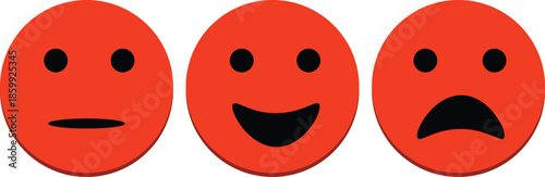 Three red emoji faces showing neutral, happy, and sad expressions side by side on a white background.