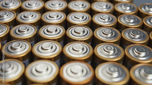 High Angle View of Multiple Golden AA Batteries Arranged in Rows
