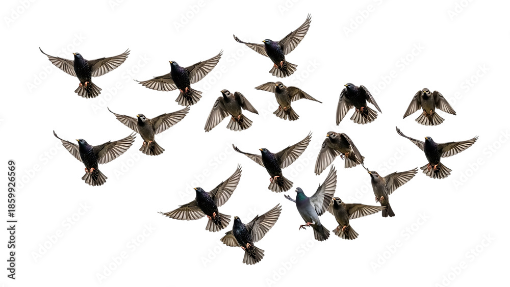 Obraz premium Flock of pigeons flying in mid air isolated on white background isolated on transparent background