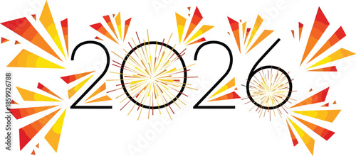 Vibrant illustration of happy new year celebration with colorful fireworks and 2026 text